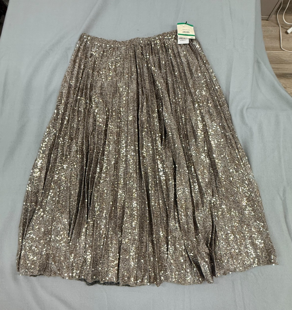 Anne Klein Maxi Skirt Womens Large Pewter Multi Sequin Detail Pleated Party NWT